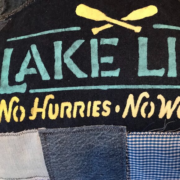 Upcycled Denim Patch Jacket: Lake Life Theme Patchwork Jean Coat, Women’s Large - Picture 6 of 12